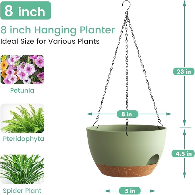 UOUZ 4 Pack 8 Inch Self Watering Hanging Planters for Indoor Outdoor Plants，Hanging Pots for Plants with Drainage Removable Tray, Hanging Baskets Flower Pots for Pothos Spider Garden Green with Brown