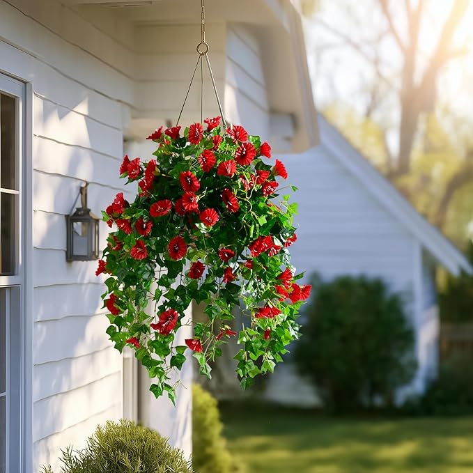 Morning Glory Artificial Hanging Flowers for Outdoors 3 Pcs Fake Petunias Flower Faux Silk Long Trailing Vines Realistic Flower for Front Door Porch Patio Balcony Garden Yard Decor (3 Pcs Red)