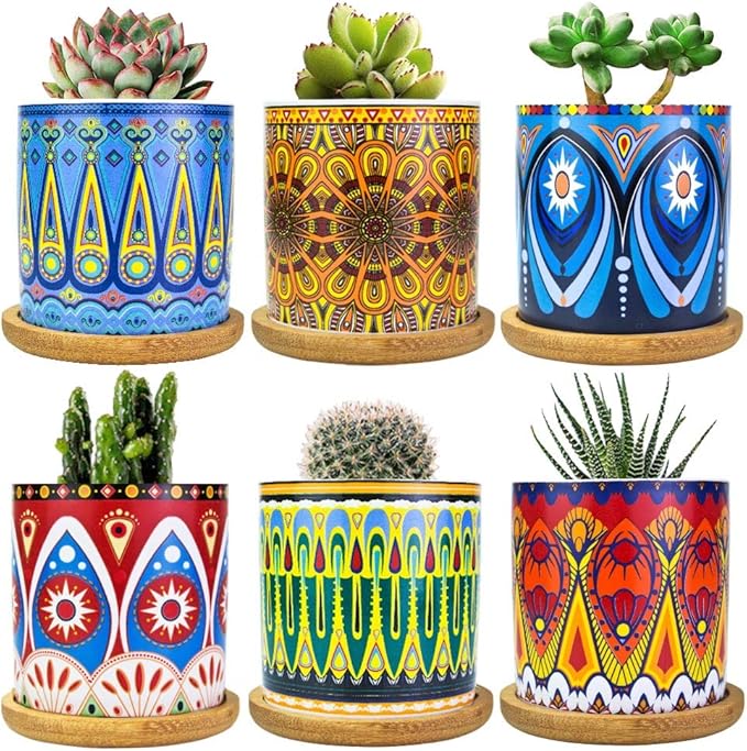 Ascrafter Mandala Succulent Pot with Drainage Hole & Bamboo Coaster, Small Plant Pots, Bohemian Ceramic Succulent Planter Pot for Small Plant-6 Pack