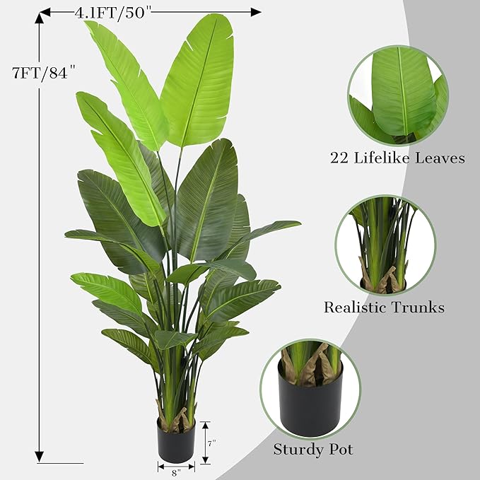 Bird of Paradise Plant Artificial 7FT - Tall Faux Plants Indoor with 22 Lifelike Leaves Trunks, 84" Large Fake Tropical Floor Plant for Home Office Living Room Bedroom Indoor Decor