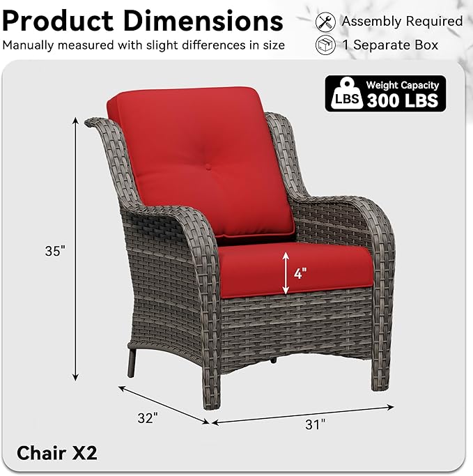 Patio Chairs Set of 2, Outdoor Wicker Patio Furniture Set with Thickened Olefin Cushions, High Back and Deep Seating, Wide Curved Armrest Hand-Woven PE Rattan for Porch, Deck, Red