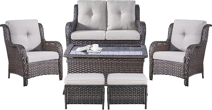Belord 6 Pieces Patio Furniture Set Outdoor Wicker Furniture, 2 Patio Wicker Chairs with 1 Loveseat Sofa, Coffee Table and Ottomans, Patio Conversation Set for Porch Garden Deck Balcony Poolside