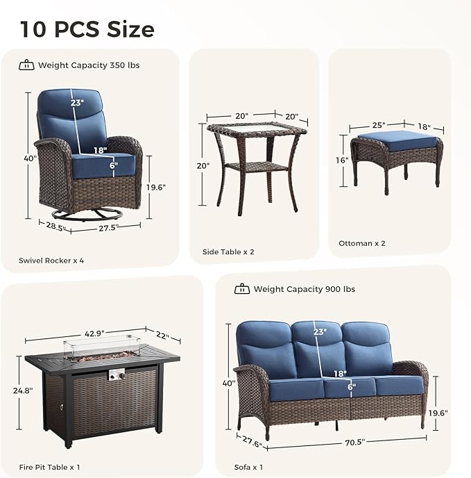 Luxury Patio Furniture Set with Fire Pit Table, Outdoor Furniture Set with High Back Swivel Chairs & 6-inch Thick Cushions, 10 PCS Fire Pit Patio Set for Yard, Deck, Poolside, Brown/Blue