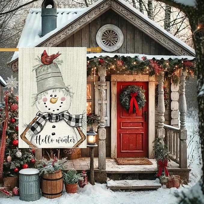 Hello Winter Garden Flag 28x40 Inch Double Sided,Christmas Winter Snowman Cardinal Holiday Yard Outdoor Flags (RMQ-83D, 28"X40")