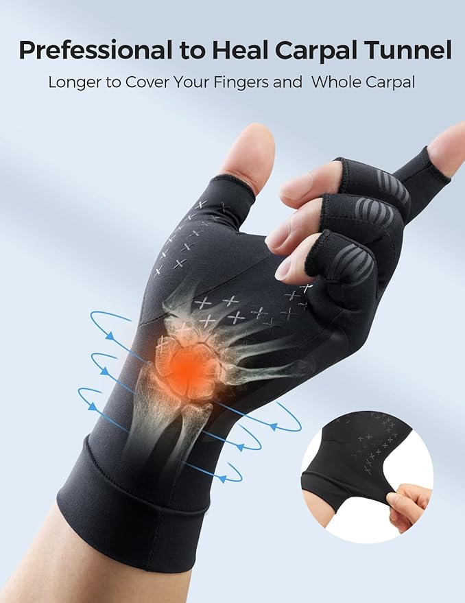 FREETOO Copper Arthritis Gloves for Carpal Tunnel Pain Relief, Strengthen Gloves to Alleviate Hand Pains,Swelling, Fingerless Computer Typing Gloves for Rheumatoid, Tendonitis Women/Men-L