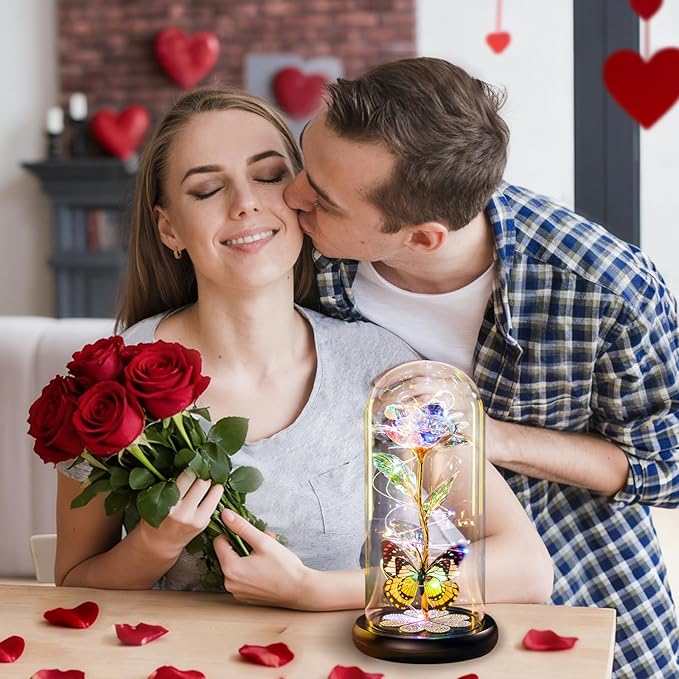 Valentines Day Rose Gifts for Her Birthday Gift for Women Galaxy Glass Rose in Glass Dome Forever Eternal Crystal Roses with Butterfly Valentines Day Gifts for Daughter Mom Wife Girlfriend Colorful