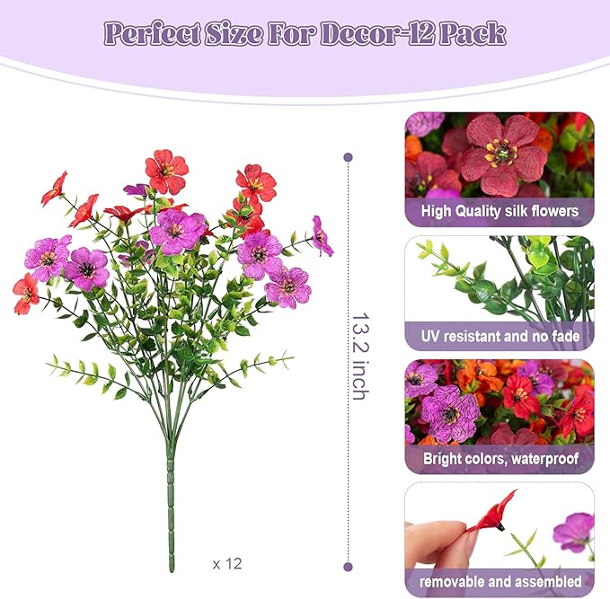 INXUGAO Artificial Fake Flowers Plants for Outdoor Spring Summer Decor, 12 Bundles Faux Silk Flowers for Outdoor Outside Planter Colorful Daisy UV Resistant Look Real for Front Door Porch Patio Yard