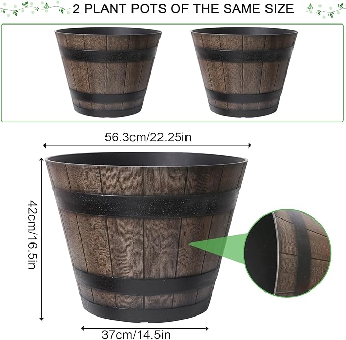 WEICHENGXING Large Plant Pots, 22.25 Inch 2 Pack Plastic Whiskey Barrel Planters, Big Flower Pots Wine Barrel Design for Outdoor Indoor, Garden, Porch, Patio, Backyard