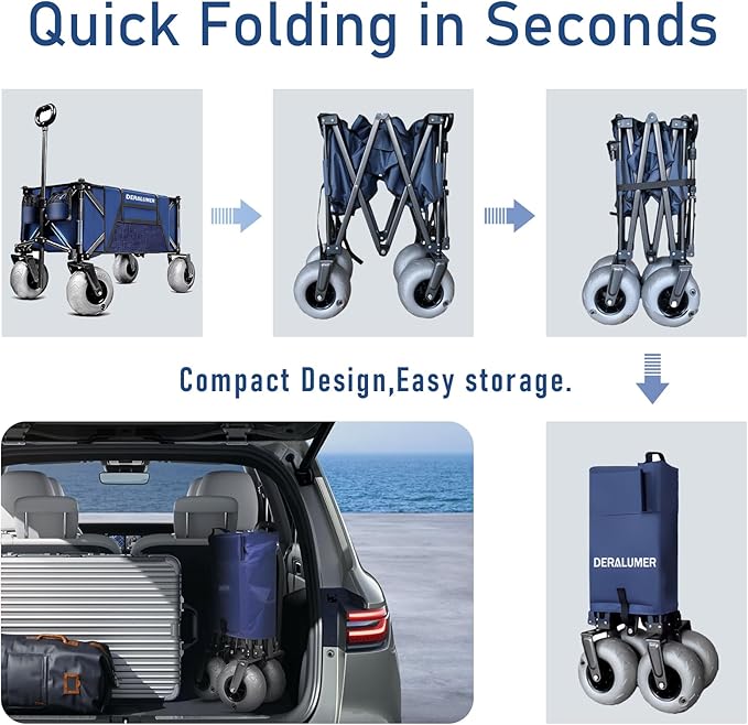 Beach Cart with Big Wheels for Sand, 35"L Heavy Duty Folding Beach Wagon with 9×4" Balloon Tires, All Terrain Utility Cart for Garden, Sports, Camping, Outdoor (Sand Rover X800-BS,Navy Blue)