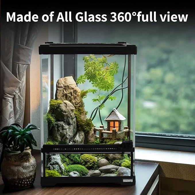 Waazoorep Mini Reptile Glass Terrarium Tank 8"x8"x12“ Full View with Front Opening Door and Enclosure Habitat Cage for Leopard Gecko Tarantula Young Lizard Hermit Crab Frog Insects Breeding Tank