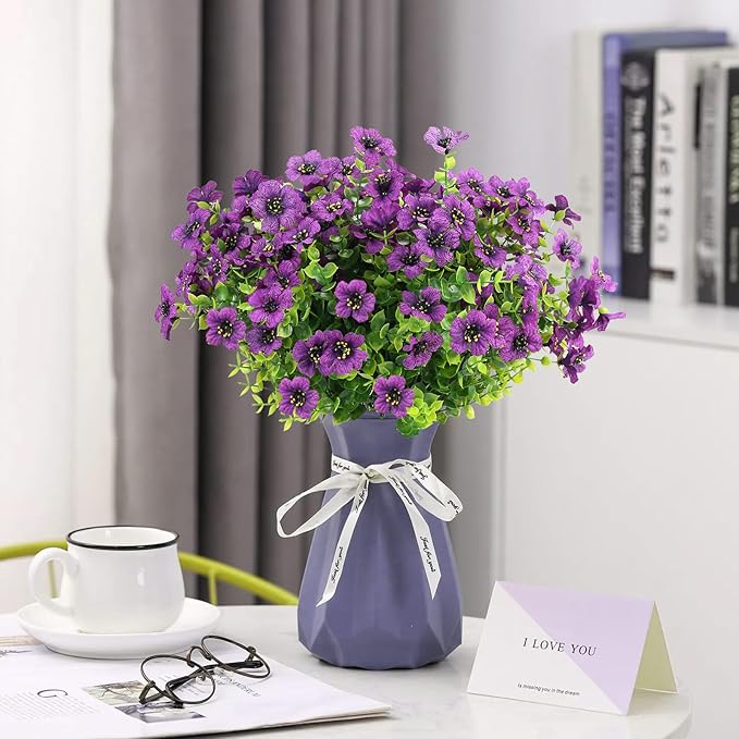 UV Resistant Artificial Outdoor Flowers, 12 Bundles Fake Outdoor Silk Flowers Fade Resistant Faux Flowers Plants for Outside Planters, Window Box, Porch Decor-Purple