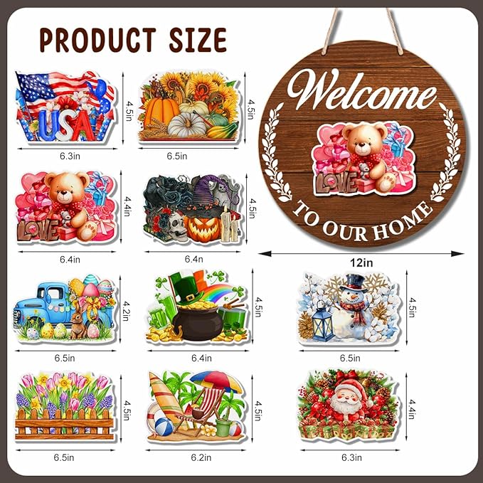 Interchangeable Seasonal Welcome Sign Valentine's Day Door Decoration, Rustic Round Wood Wreath Front Porch Decor, Welcome to Our Home Sign for Spring Summer Fall Winter All Seasons Holiday, Brown