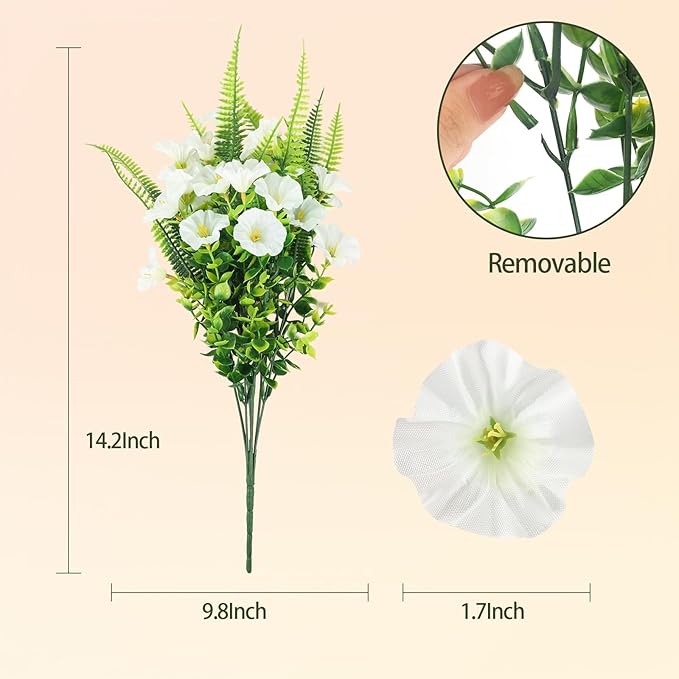 HIAGROW Artificial Flowers Outdoors 12 Bundles White Artificial Petunias Fake Flowers UV Resistant Shrubs Plants with Fern for Indoor Outside Hanging Planters Home Garden Summer Decorations