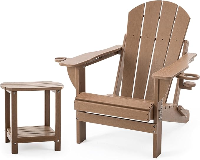 Folding Adirondack Chair Set with Side Table - HDPE Outdoor Patio Chairs, Weatherproof Chair with Reclining Back, Cup & Phone Holder, and 2-Tier Storage End Table for Firepit or Garden (Brown)
