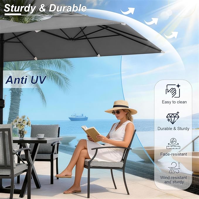 10 Pieces Patio Dining Set,Metal Outdoor Furniture Set Includes 13.6FT Grey Umbrella,Hole Cut-Out 78.7" x 35.4" Table and 8 Metal Backrest Chairs for Backyard,Garden,Grey
