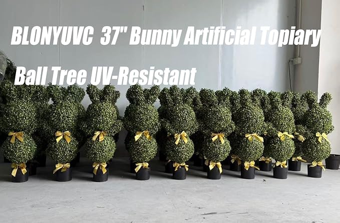 BLONYUVC 36'' Artificial Bunny-Shaped Topiary Double Ball Tree Pot UV-Resistant Bowknot Faux Boxwood Topiaries Plant for Porch Decor Outdoor/Indoor 2 Pack