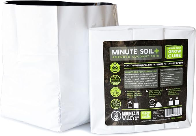 Minute Soil Plus Grow Cube - Amended Coco Coir Potting Soil - 1 Gallon Plastic Grow Bag - 1 Cube - Self Contained Expanding Coconut Coir Grow Planter - Added Nutrients Feed Plants for an Entire Season
