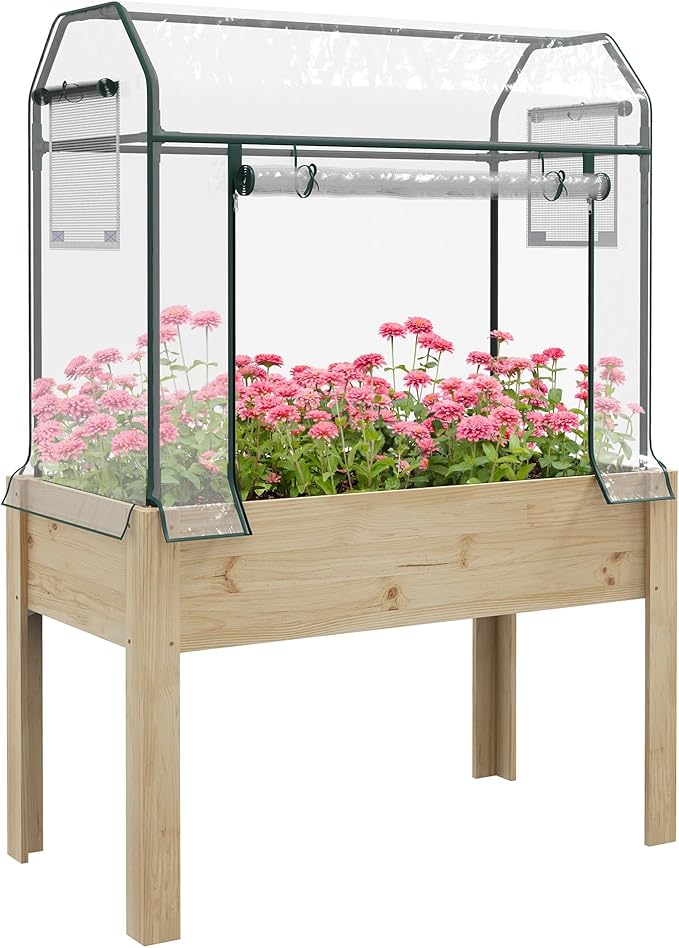 Outsunny Raised Garden Bed with Plastic Greenhouse Cover and Bed Liner, Outdoor Elevated Wood Planter Box for Herbs and Vegetables, Use for Patio, Backyard, Balcony, 45 x 24 x 65 inch, Natural