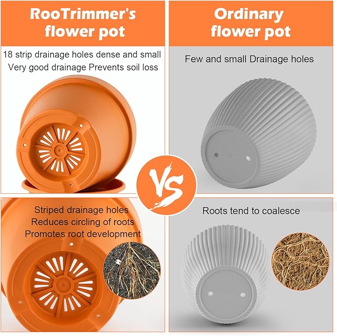 RooTrimmer 3-Pack 8/9/10 Inch Plastic Plant Pots with Saucers – Durable BPA-Free Planters with 21 Drainage Holes, Raised Bottom Breath and Bottom Watering Design for Indoor & Outdoor – Orange