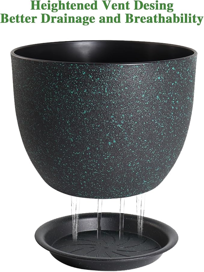 UOUZ 12inch Large Plant Pot, Modern Plastic Planter with High Driange Holes and Saucer for Indoor Outdoor Garden Plants and Flowers, Black with Green Speckles