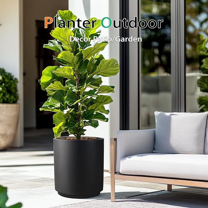 Heyzier Round Concrete Planter Outdoor Indoor, Large Cement Plant Pots for Flowers (Black, 12 inch)