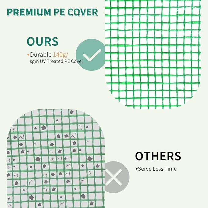 EAGLE PEAK Replacement Cover for 6x6 Gable Roof Pop up Greenhouse, Front and Rear Roll-Up Zipper Entry Doors and 2 Large Roll-Up Side Windows (Frame Not Included), Green