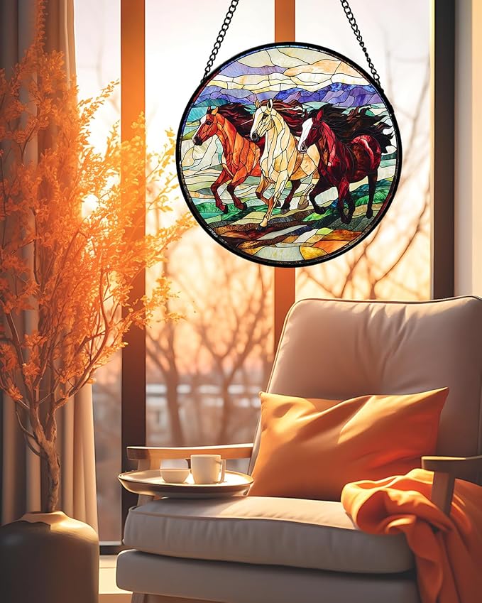 AMDERVEN Stained Glass Window Hanging, Galloping Horses Sun Catcher for Door Home Decor Colorful Suncatcher Christmas Mother's Day Birthday Gifts for Women Men Mom and Nana 6.3 in