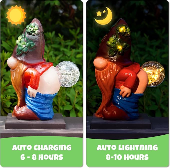 Solar Garden Statues Lights, 8.5" Christmas Outdoor Gnome Figurine with Auto On/Off for Yard Patio Decor, Gifts for Women, Grandma, Mom, Housewarming (Farting Gnome Statue)