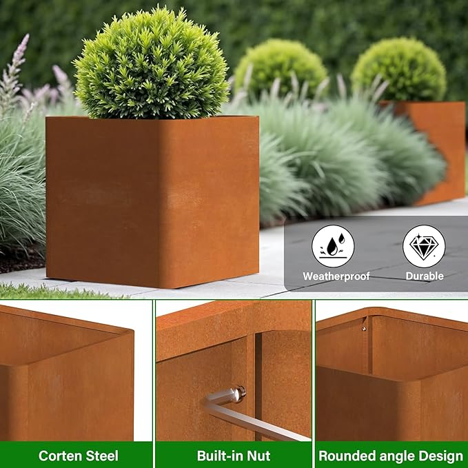 BHCORTEN Corten Steel Planter Box 26" L x 26" W x 26" H,Large Metal Square Planter for Outdoor Plants,Metal Cube Flower Pot with Drainage Hole for Porch Hotel Patio Yard