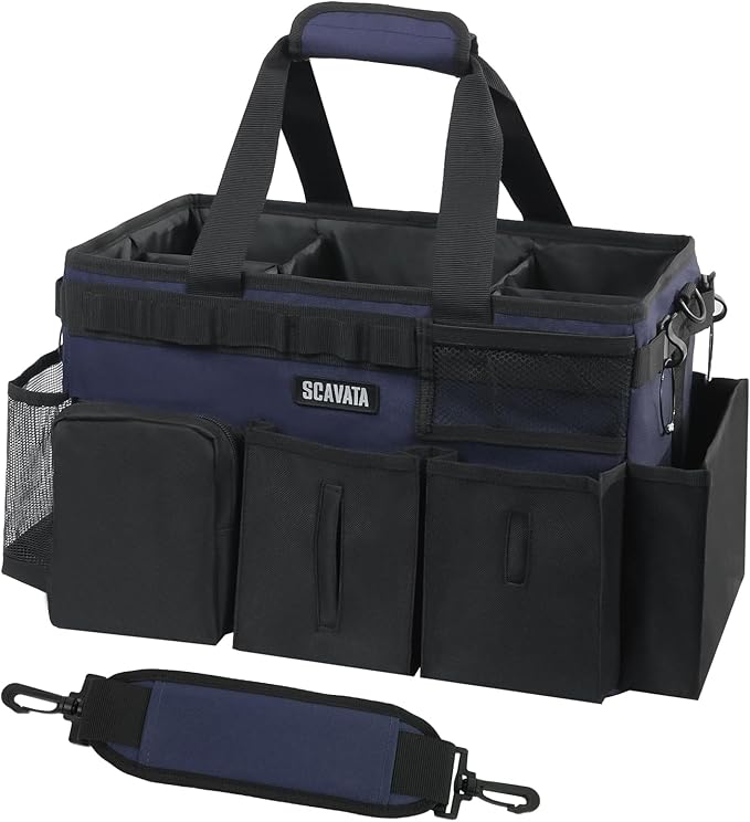 Wearable Cleaning Caddy Bag, Cleaning Caddy Supplies Organizer with Handle & Shoulder Straps for Housekeepers, Under Sink & Car Cleaning Tool Organizers with 4 Foldable Divider Navy (DarkBlue)