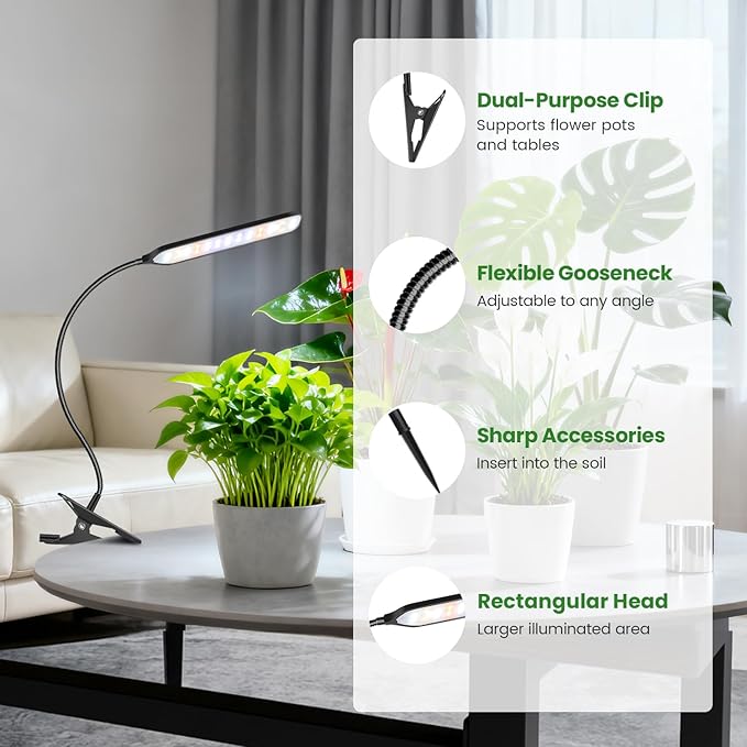 Garpsen Grow Light, 6000K Full Spectrum Plant Light with Timer 6/12/16Hrs, Rectangular Grow Lamp with Clip & Gooseneck for Indoor Plants, 3 Spectrums and 5 Dimmable, 2Pack