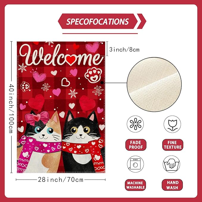 Welcome Valentine’s Day Romantic Love Heart Couple Cats Paw House Flag large 28X40 Inch Big Vertical Double Sided Yard Outdoor Outside Holiday Decoration
