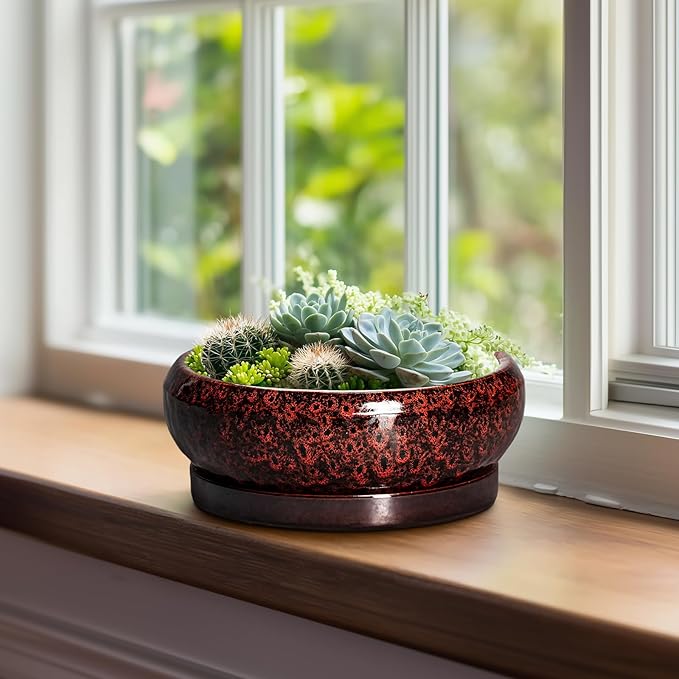 EPFamily Bonsai Pots - 8 Inch Ceramic Succulent Planters for Indoor Outdoor, Round Shallow Planters with Drainage Hole and Saucer, Succulent Planter Bowl, Home Decor, Housewarming Gifts, Red