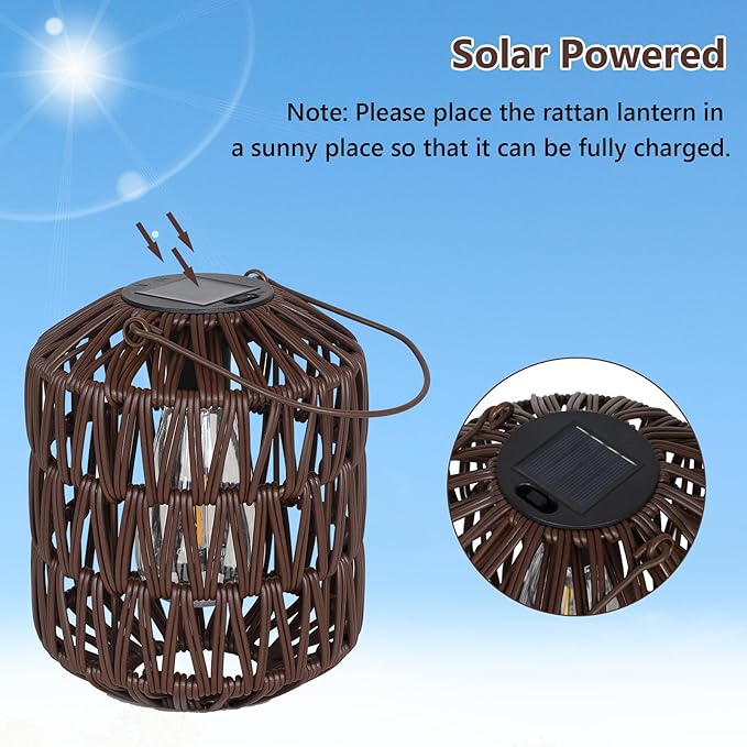 Rattan Outdoor Solar Lanterns, Solar Lights Outdoor Waterproof, 2 Pack Outside Table Lamp, Gardening Lantern Lights Gifts for Women, Hanging Lantern for Yard, Patio, Tree, Tabletop Decoration (Coffee)
