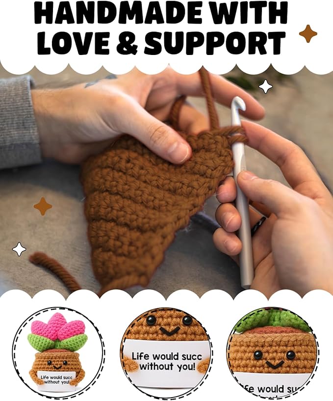 WEZADUK Positive Emotional Support Crochet Plants, Funny Succulent Gifts for Women Men Plant Lovers, Birthday Gift Ideas, Mini Handmade Crochet Succulent Decor