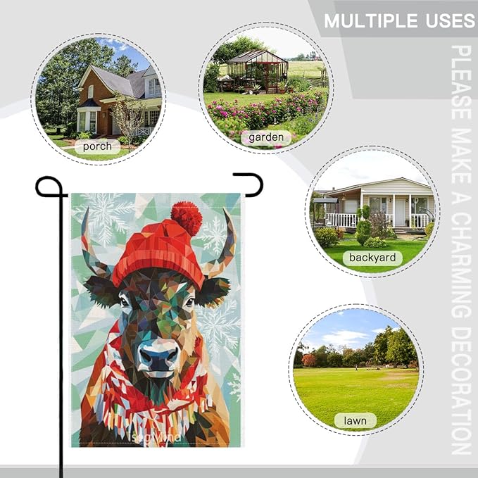 Bison with Red Scarf and Hat Snowflake Christmas Garden Flag, 28x40 Inch Double Sided Linen Holiday Red Winter Farmhouse Yard Outdoor Decoration (4332)