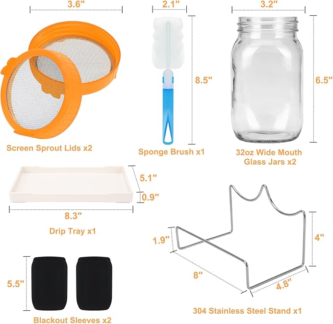 Lulonpon Sprouting Kit, 2 Sprouting Jar Kits, Wide Mouth Quart Mason Jars with Stainless Steel Screen Sprout Lids,1000ml Sprouts Growing Kit, Seed Sprouter Set for Growing Broccoli, Bean, Alfalfa