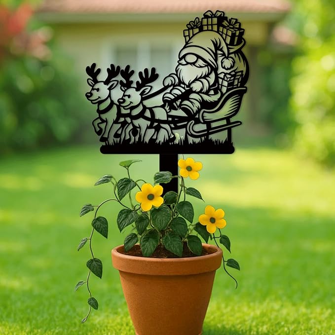 Magilab Personalized Iron Yard Stake - Christmas Cute Gnome Dwarves Decor, 8-Inch Black Metal Garden Sign for Outdoor (Style M)