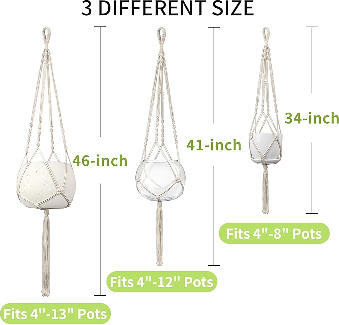 IDEEEPAN Macrame Plant Hanger - Fits 4 to 13 inches Pots for Indoor Outdoor, 34"/41"/46" 3 Sizes Set, Ivory (POTS NOT Included)