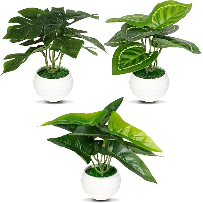 3Pcs 7" Small Artificial Plants in Ceramic Pots, Faux Potted Plants Indoor Small Green Leaf Tropical Fake Plant for Home Room Office Table Shelf Desk Decor