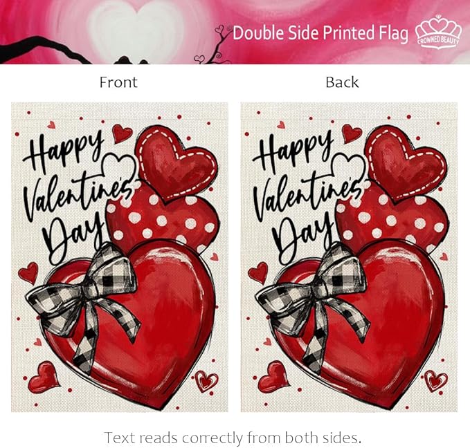CROWNED BEAUTY Happy Valentines Day House Flag 28x40 Inch Double Sided for Outside Large Burlap Love Hearts Red Holiday Yard Decoration CF1684-40