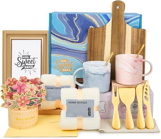 15Pcs Luxury House Warming Gifts New Home, Housewarming Gift Basket for Couples Friends First Apartment, Closing Gifts for Home Buyers, with Unique 3D Card Acacia Cutting Board Gold Cheese Knives