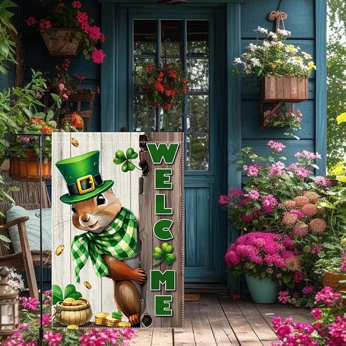 Spring St Patricks Day Garden Flag 12x18inch Double Sided Burlap The Squirrel Lucky Shamrock Garden Flags Happy St. Patrick's Day For Outdoor Yard Patio Lawn Decor,Green Hat with Clovers Gold Coin Pot Welcome Outside Decorations Banner