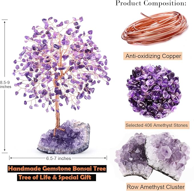 MASGEMES Natural Gemstone(406 Stone Count) Amethyst Crystal Tree of Life,Chakra Balancing Positive Enegy Fengshui Decor Bonsai Money Tree,Good Luck Spiritual Gift Height 8.5-9 Inches