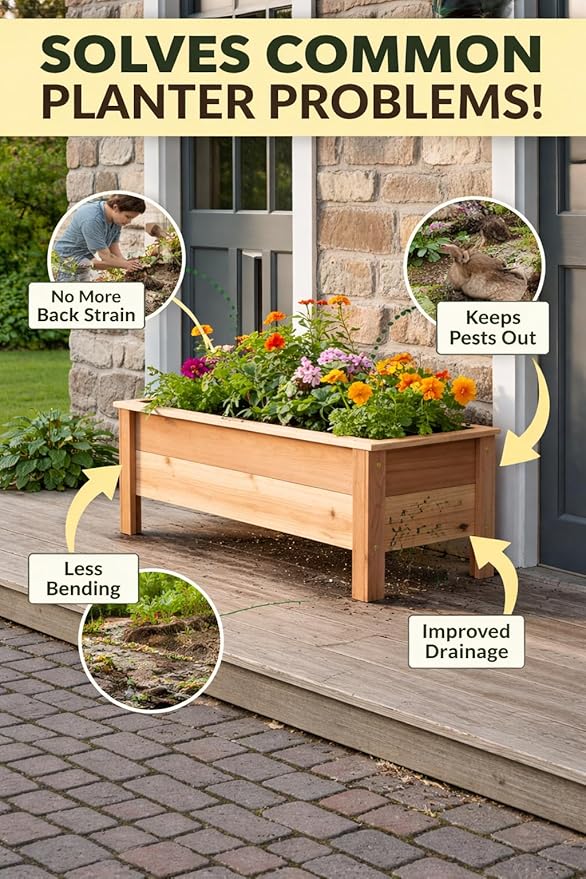 Cedar Raised Garden Bed Planter Box with Legs – Heavy Duty Outdoor Wooden Planter for Vegetables & Flowers, No Bending Elevated Design, Custom Size, Handmade in USA (46in x 15.5in x 16in)