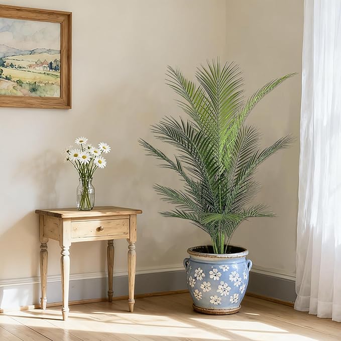 Artificial Palm Tree 4FT Fake Palm Tree with 15 Trunks Perfect Faux Dypsis Lutescens Plants in Pot for Indoor Outdoor House Home Office Garden Modern Decor Housewarming Gift (2Pack)