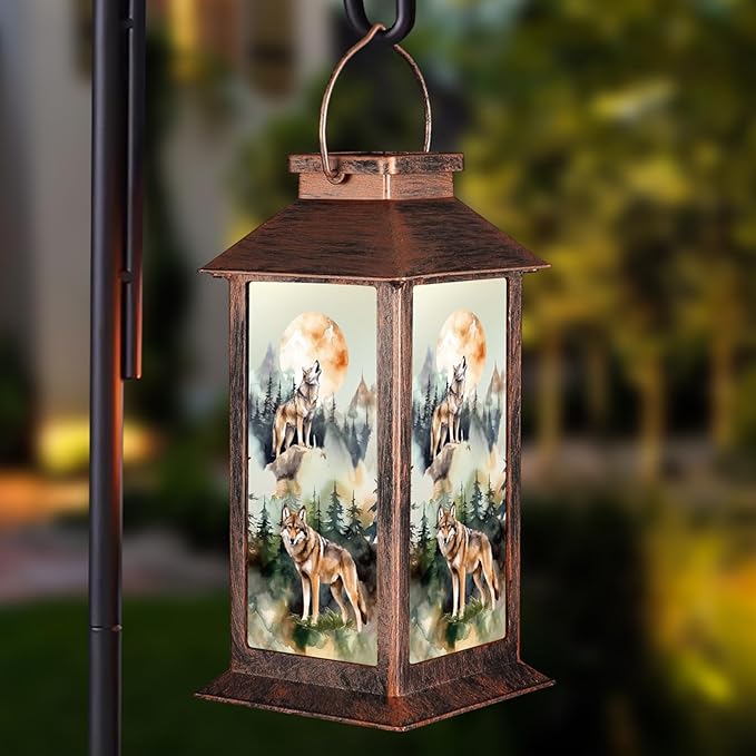 Pawatee Solar Hanging Lanterns, Wolves Style, Bronze Finish, 2 LED Lights, Waterproof, Ideal for Garden, Patio, Lawn, and Porch