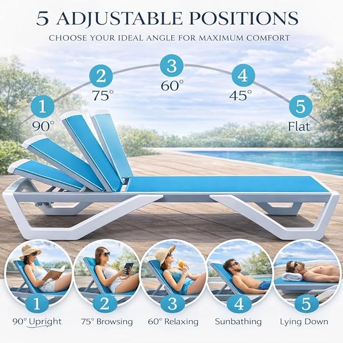 Kozyard Outdoor Chaise Lounge Chair, Full Flat Adjustable Patio Lounger with Aluminum Frame & Resin Legs, Textilene Fabric for Poolside, Backyard & Beach (Aqua/WhiteFrame, 2Chairs + Table)