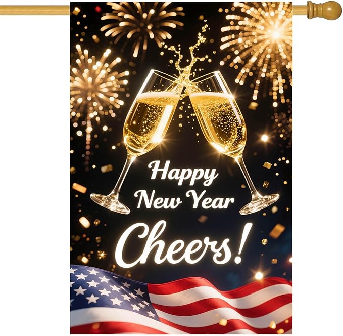 Happy New Year House Flag 28x40 Inch Double Sided Garden Flag Cheers Champagne Glasses and American Flag Design Winter Holiday Yard Banner Large Outdoor Flag for Porch Lawn Home Decoration