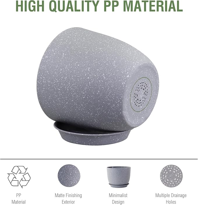 Meowell Plant Pots 12 inch, Plastic Planters with Drainage Holes and Saucers, Large Flower Pots for Indoor Outdoor Plants, Modern Decorative Pots for Garden House Plants, Speckled Grey